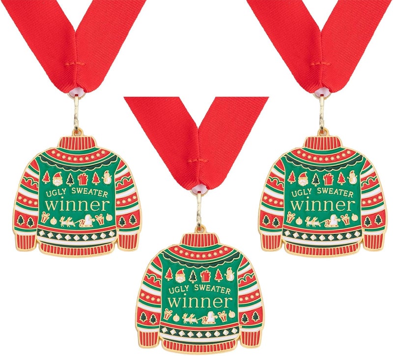 Jocomoni 3PCS Christmas Ugly Sweater Medal Award Contest Medals with Neck Ribbon Christmas Tree Ornament Contest Prizes for Ugly Sweater Contest Party Xmas Party Supplies - Image 1